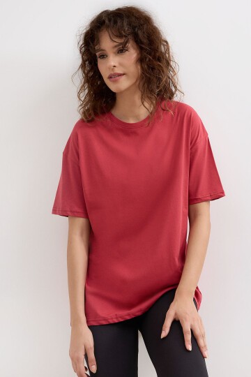 Kadın Bisiklet Yaka Kısa Kollıu Oversize T-shirt