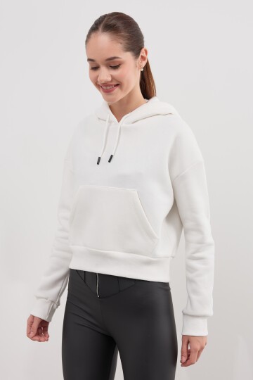 Kadın Kapüşonlu Crop Basic Sweatshirt