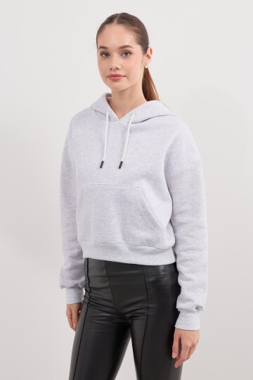 Kadın Kapüşonlu Crop Basic Sweatshirt