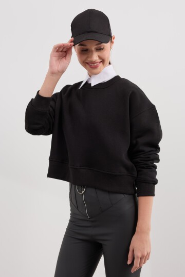 Kadın Üç İplik Basic Crop Sweatshirt