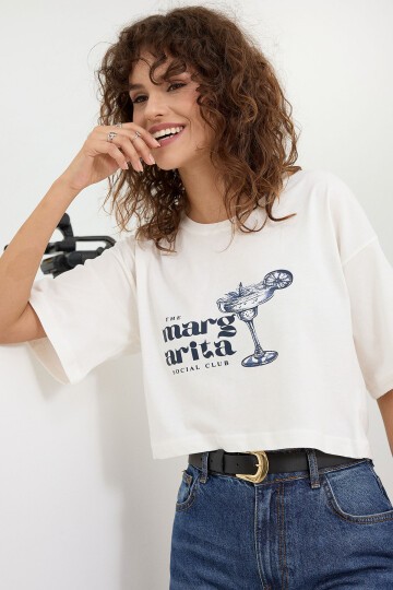 Kadın Margarita Baskı Crop Tshirt