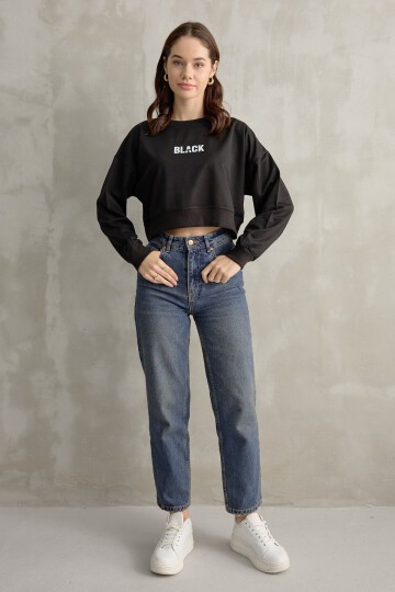 Kadın Black Baskı Detaylı Crop Yarasa Kol Sweatshirt