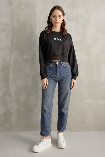 Kadın Black Baskı Detaylı Crop Yarasa Kol Sweatshirt