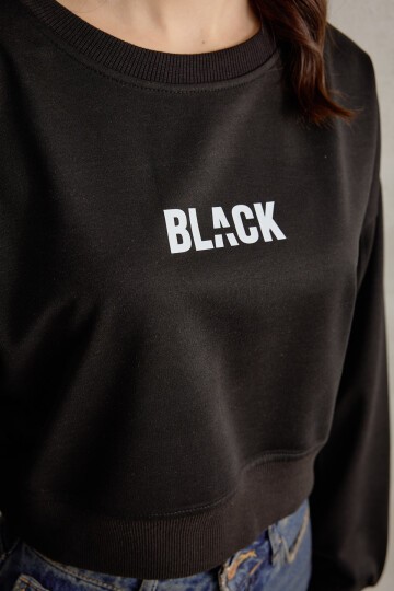 Kadın Black Baskı Detaylı Crop Yarasa Kol Sweatshirt