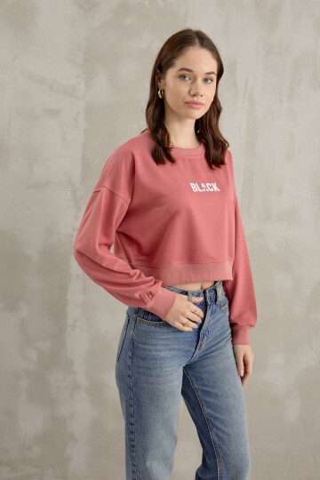 Kadın Black Baskı Detaylı Crop Yarasa Kol Sweatshirt