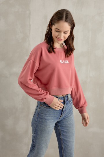 Kadın Black Baskı Detaylı Crop Yarasa Kol Sweatshirt