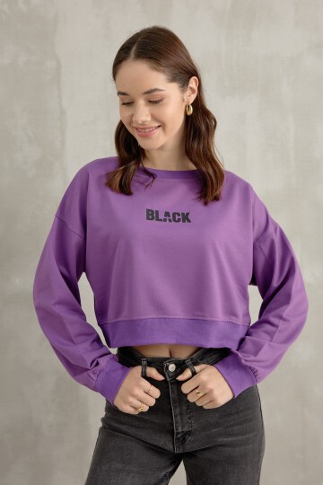 Kadın Black Baskı Detaylı Crop Yarasa Kol Sweatshirt