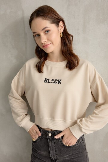 Kadın Black Baskı Detaylı Crop Yarasa Kol Sweatshirt